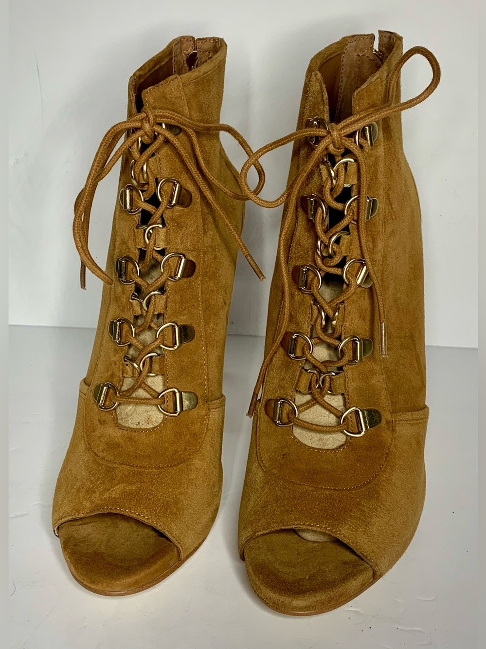 GUESS Gwalysa Camel Suede Lace-Up Peep Toe Stiletto Booties